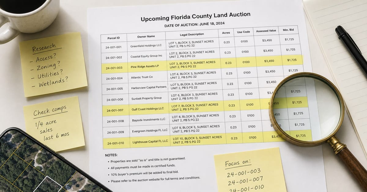 Editorial photograph illustrating: How to Read a Florida Tax Deed Auction List Like an Investor