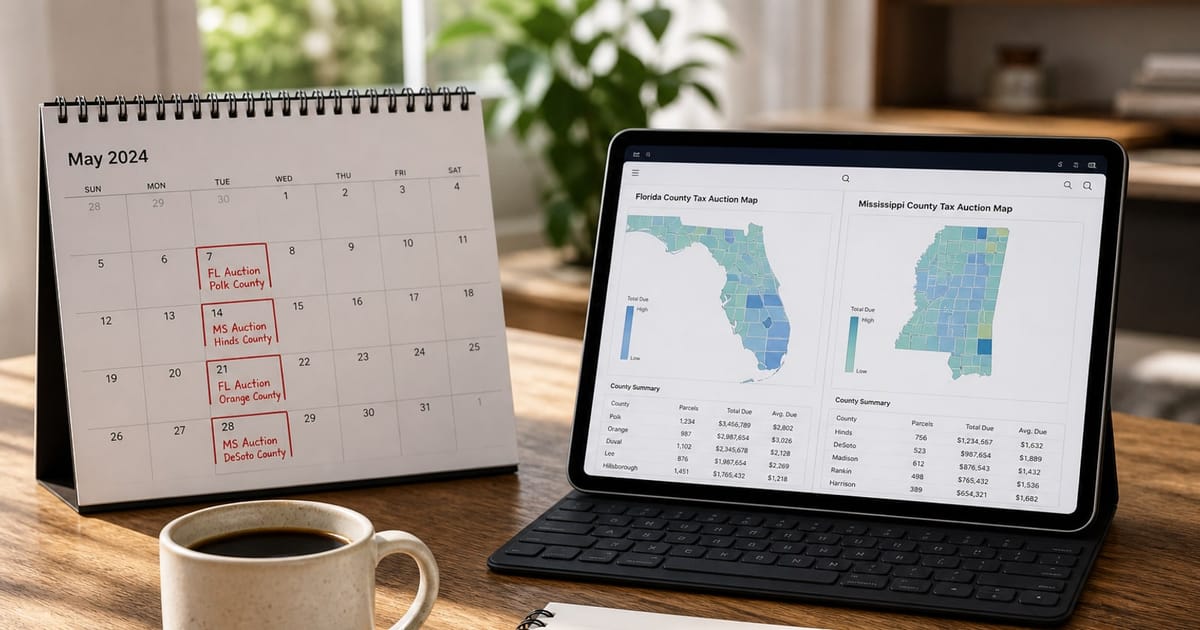 Fotografía editorial ilustrando: Calendario de Subastas Tax Deed 2026: Cuándo y Dónde Comprar Terrenos en Florida y Mississippi